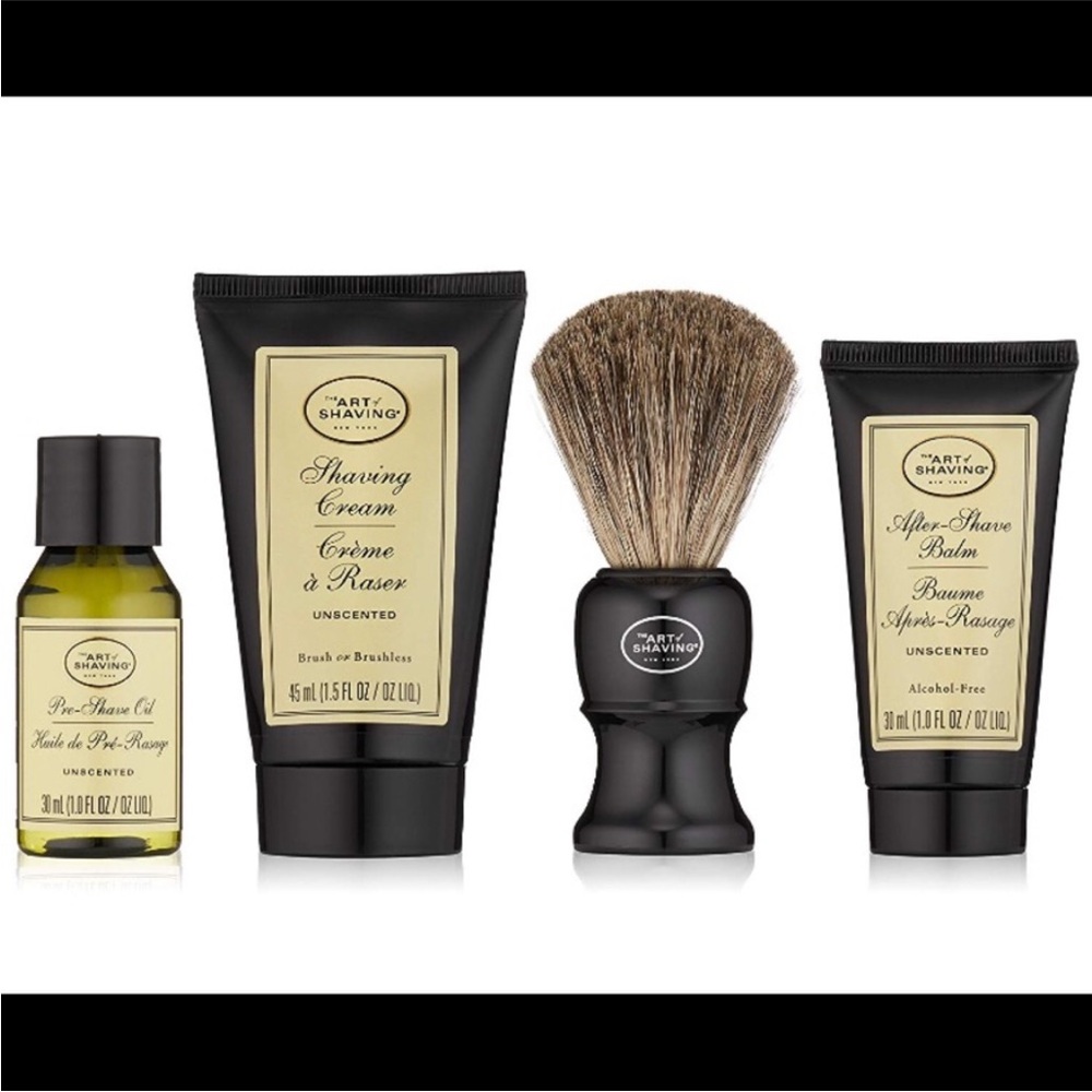 NIB The Art of Shaving Mid-Size Unscented Travel Kit (Oil, Cream, Balm & Brush)